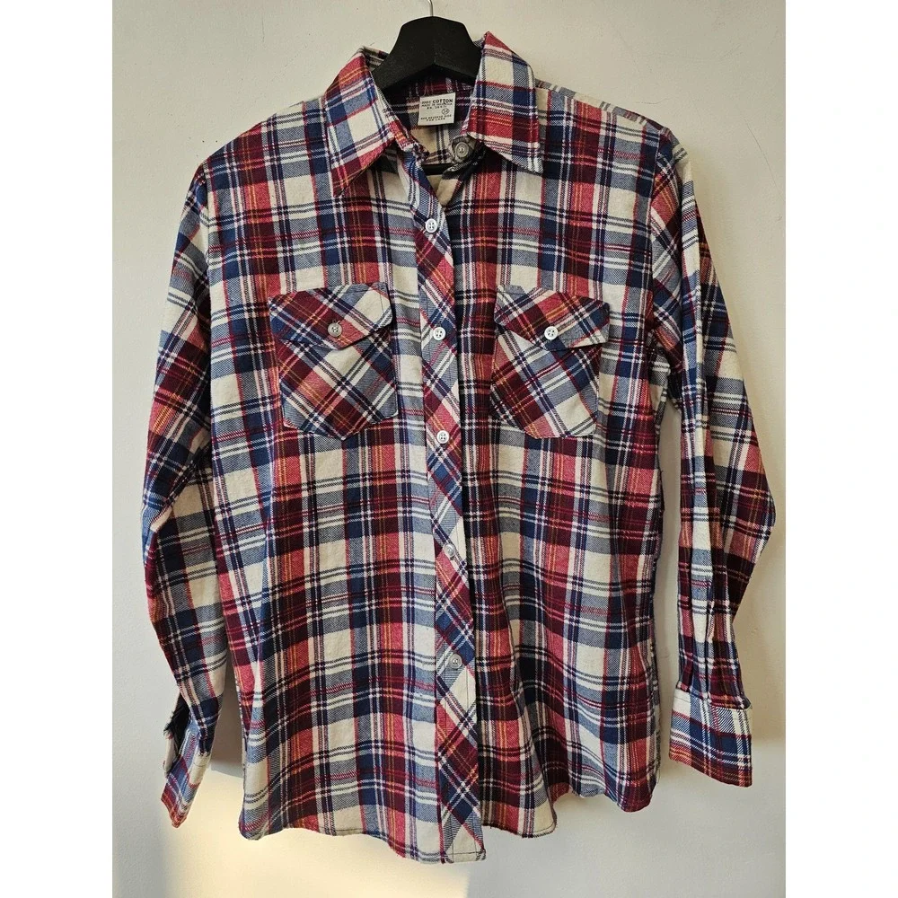 Vintage Flannel Shirt‎ Mens 34 Red Blue White Plaid Long Sleeve Western 90s